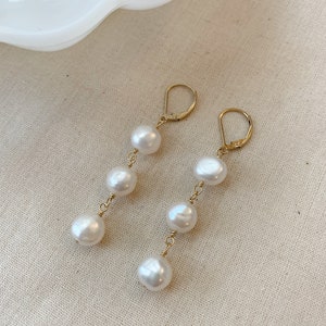 Bridal Pearl Drop Earrings, 14K Gold Filled or 925 Sterling Silver Earrings, Pearl Dangle Earrings, Three Pearl Earrings, Wedding Jewelry image 3