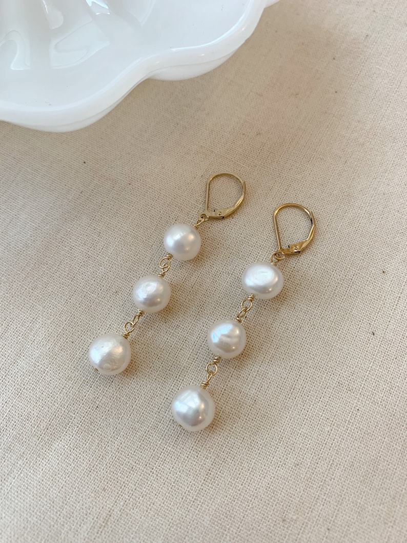 Bridal Pearl Drop Earrings, 14K Gold Filled or 925 Sterling Silver Earrings, Pearl Dangle Earrings, Three Pearl Earrings, Wedding Jewelry image 3