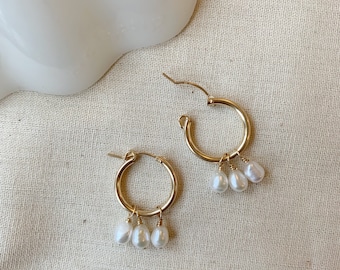 Pearl Hoop Earrings, 14K Gold Filled Freshwater Baroque Pearl Earrings, Pearl Dangle Earrings, Minimalist Earrings, Jewelry Gifts for Friend