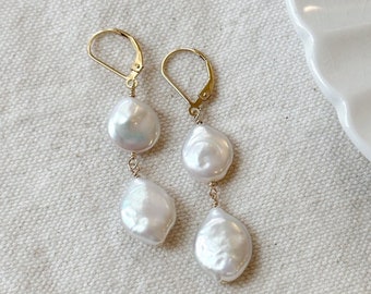 Coin Pearl Earrings, 14K Gold Filled Pearl Earrings, Pearl Drop Earrings, Dangle Earrings, Bridal Earrings, Wedding Jewelry, Gifts for Women