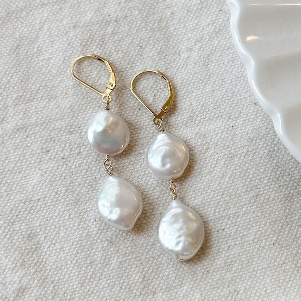 Double Pearl Drop Earrings, 14K Gold Filled Dangly Pearl Earrings, Teardrop Coin Pearl Bridal Earrings, Wedding Jewelry, Gifts for Women