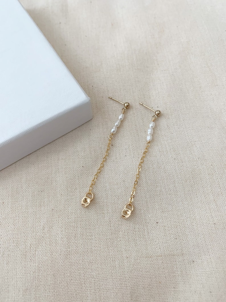 Seed Pearl Earrings, 14K Gold Filled Chain Earrings, Dangle Chain ...