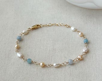 Etwas Blaues Armband, 14K Gold gefüllte Perle Aquamarin Armband, Hochzeitsschmuck, Zierliche Süßwasser Perle Armband, Geschenke für die Braut