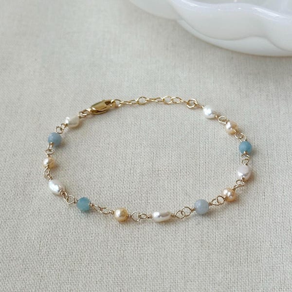 Something Blue Bracelet, 14K Gold Filled Pearl Aquamarine Bracelet, Wedding Jewelry, Dainty Freshwater Pearl Bracelet, Gifts for Bride