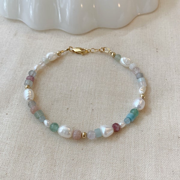 Pulsera de perlas y piedras preciosas mixtas, pulsera de cuentas multicolor llena de oro de 14K, pulsera de piedras preciosas múltiples, pulsera de gemas de oro o plata