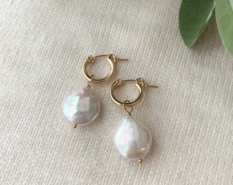 Bridal Pearl Earrings, 14K Gold Filled Coin Pearl Hoop Earrings, Large Pearl Drop Earrings, Dangly Pearl Wedding Earrings, Gifts for Mum