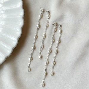 Pearl Bridal Earrings, 14K Gold Filled Genuine Pearl Earrings, Dangly Pearl Earrings, Long Earrings, Pearl Chain Earrings, Wedding Earrings 925 Sterling Silver
