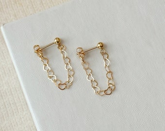 Minimalist Chain Earrings, 14K Gold Filled Heart Studs, Dangly Chain Earrings, Gift Earrings, Heart Chain, Gifts for Her, Gifts for Women