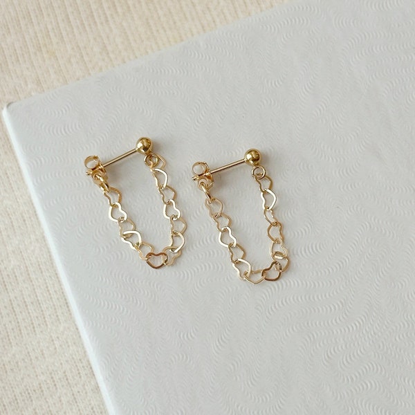 Minimalist Chain Earrings, 14K Gold Filled Heart Studs, Dangly Chain Earrings, Gift Earrings, Heart Chain, Gifts for Her, Gifts for Women