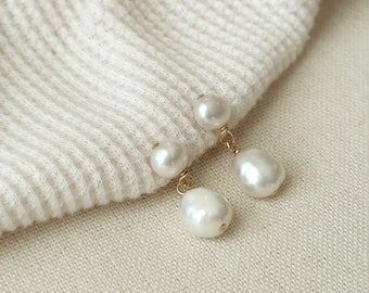 Double Pearl Bridal Earrings, 14K Gold Fill Pearl Drop Earrings, Two Pearl Stud Earrings, Organic Pearl Earrings, Freshwater Pearl Studs