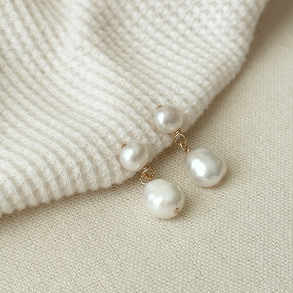 Double Pearl Bridal Earrings, 14K Gold Fill Pearl Drop Earrings, Two Pearl Stud Earrings, Organic Pearl Earrings, Freshwater Pearl Studs