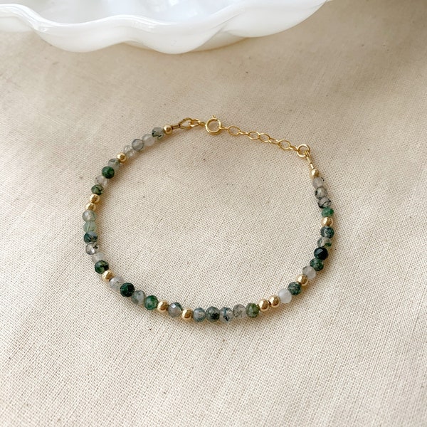 Moss Agate Bracelet, 14K Gold Filled Beaded Gemstone Bracelet, Green Gemstone Bracelet, Dainty Bracelet, Gifts for Sister, Gifts for Her