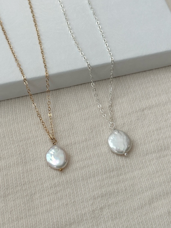 Genuine Coin Pearl Necklace 14K Gold Filled Flat Pearl Necklace