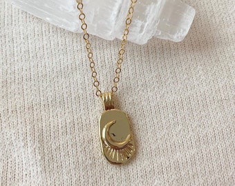 14K Gold Moon Pendant Necklace, Gold Filled Moon Necklace, Modern Necklace, Gold Tag Necklace, Celestial Necklace, Birthday Gifts for Her