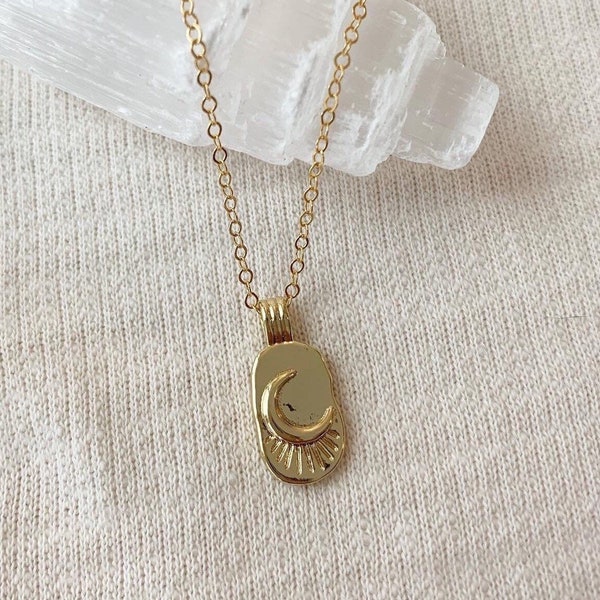 14K Gold Moon Pendant Necklace, Gold Filled Moon Necklace, Modern Necklace, Gold Tag Necklace, Celestial Necklace, Birthday Gifts for Her