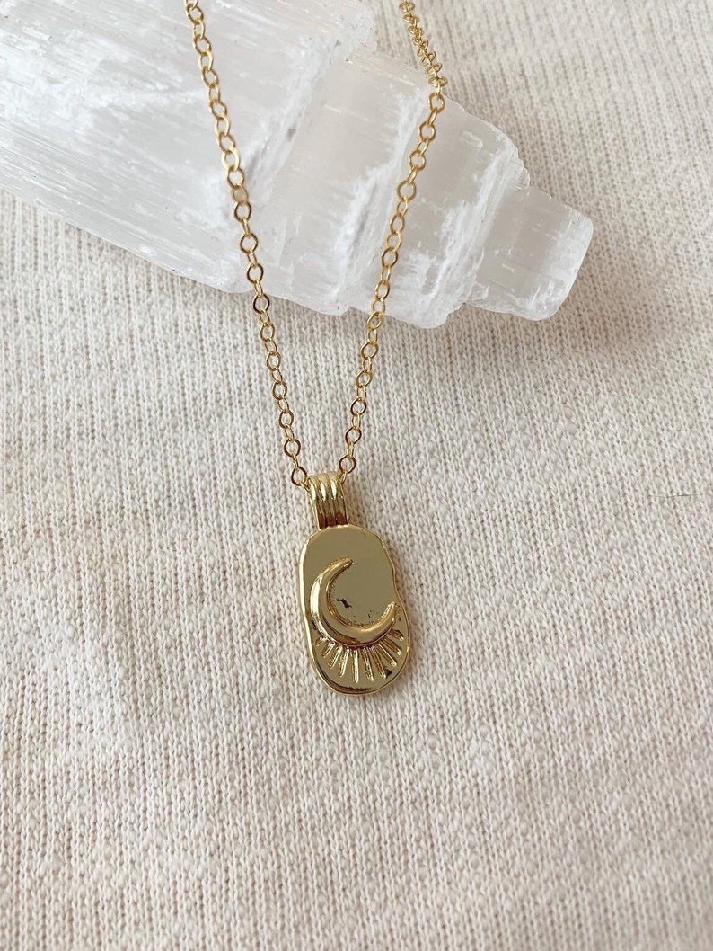 14K Gold Moon Pendant Necklace, Gold Filled Moon Necklace, Modern Necklace, Gold Tag Necklace, Celestial Necklace, Birthday Gifts for Her image 1