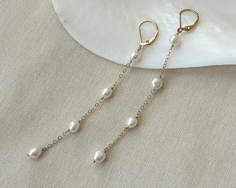 Long Pearl Earrings, 14kt Gold Filled Pearl Drop Earrings, Elegant Wedding Earrings, Dangle Earrings, Bridal Earrings, Gifts for Her