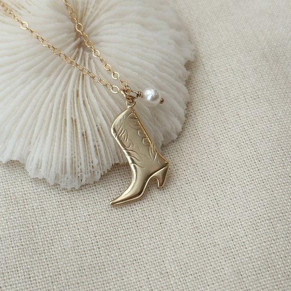 Cowboy Boot Necklace, 14K Gold Filled Dainty Coastal Cowgirl Necklace, Minimalist Necklace, Layering Necklace, Freshwater Pearl Necklace