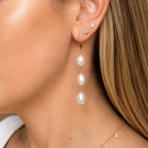 May include: A gold drop earring featuring three vertically aligned white teardrop-shaped pearls suspended from a gold wire hook. The earring is worn alongside a small gold shell-shaped stud and a tiny white pearl stud earring.
