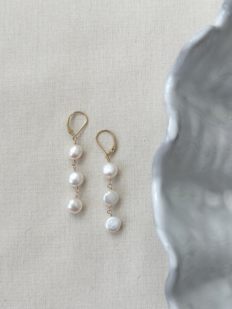 Pearl drop earrings, 3 pearl earrings, baroque Pearl earrings, wedding earrings, bridal earrings, gold and pearl earrings, 14k gold earrings, gifts for mom, dangly pearl earrings