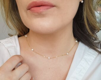 Floating Pearl Necklace, 14K Gold Filled or 925 Silver Dainty Round Pearl Necklace, Real Pearl Necklace, Pearl Chain Necklace, Gifts for Her