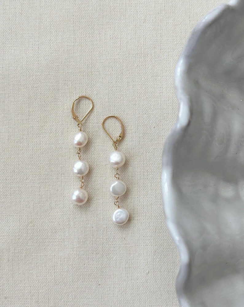 Bridal Pearl Drop Earrings, 14K Gold Filled or 925 Sterling Silver Earrings, Pearl Dangle Earrings, Three Pearl Earrings, Wedding Jewelry
