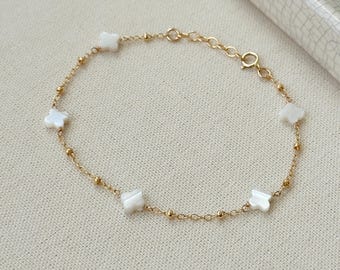 Mother of Pearl Clover Leaf Bracelet: 14K Gold Filled or Solid 925 Sterling Silver Danity Station Bracelet