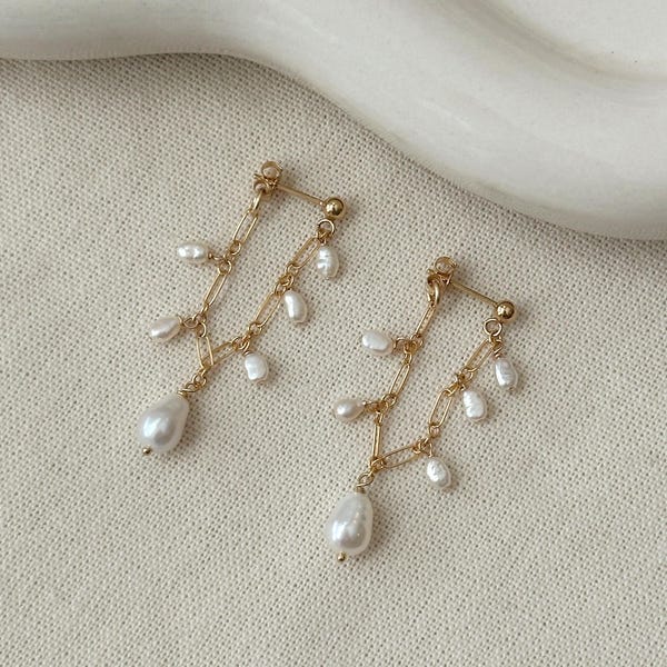 Delicate Pearl Chain Loop Earrings, 14K Gold Filled Dangly Pearl Earrings, Seed Pearl Earrings, Bridal Pearl Earrings, Gifts for Women