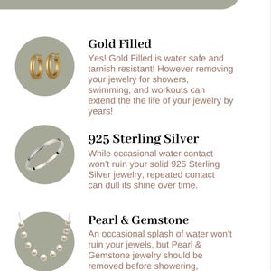 May include: An informational graphic titled Is my jewelry water safe? featuring three circular icons. The first shows gold hoop earrings, the second a silver band, and the third a pearl necklace, with text explaining water resistance for each material.