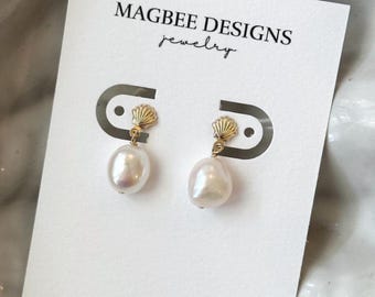 Gold Seashell Baroque Pearl Earrings, Freshwater Pearl Dangle Earrings, Large Pearl Drop Earrings, Ocean Inspired Earrings, Coastal Jewelry