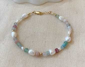 Pastel Beaded Gemstone Bracelet, 14K Gold Filled Freshwater Pearl Bracelet, Colorful Bracelet, Rainbow Jewelry