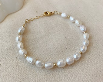 Bracelet de perles d'eau douce, bracelet de perles en or 14 carats, bracelet de perles irrégulières, grosses perles et bracelet en or, bracelet de perles naturelles