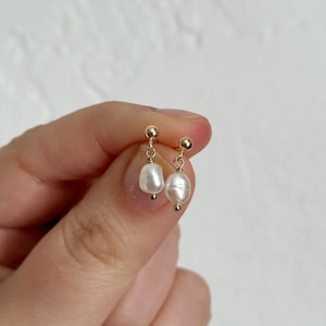 Puede incluir: Un par de pendientes de oro con una pequeña perla blanca y una bola dorada.