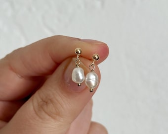 Dangly Pearl Stud Earrings, 14K Gold Filled Organic Pearl Earrings, Natural Pearl Drop Studs, Freshwater Pearl Earrings, Bridesmaid Earrings