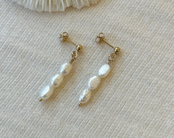 Natural Pearl Earrings, 14K Gold Fill Freshwater Pearl Earrings, Real Pearl Earrings, Dangly Stud Earrings, Gifts for Mum, Gifts for Sister