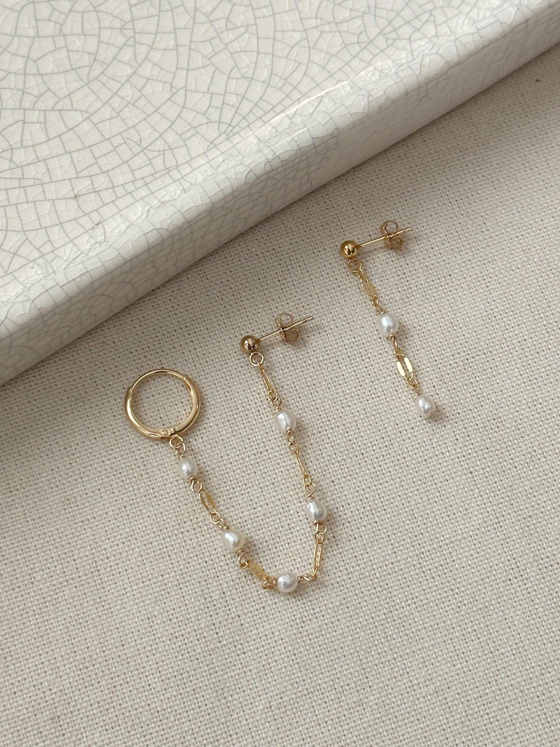Double Piercing Pearl Drop Earrings Set, 14K Gold Filled Dangly 