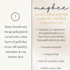 May include: An informational graphic for magbee jewelry featuring text about 14K Gold Filled products. It contrasts cheap gold plated metal with 14K Gold Filled, noting it contains 5% real gold, is tarnish resistant, long lasting, and safe for sensitive skin.