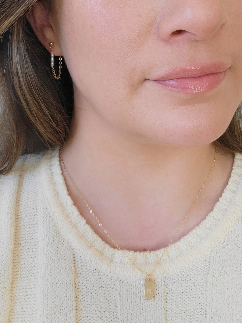 Custom initial necklace and tiny pearl chain earrings in 14K Gold Filled