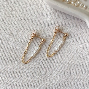 Seed Pearl Earrings, 14K Gold Filled Delicate Chain Earrings, Dangle Chain Earrings, Elegant Earrings, Dainty Stud Earrings, Gift for Friend