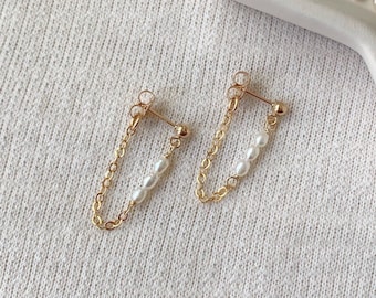 Seed Pearl Earrings, 14K Gold Filled Delicate Chain Earrings, Dangle Chain Earrings, Elegant Earrings, Dainty Stud Earrings, Gift for Friend