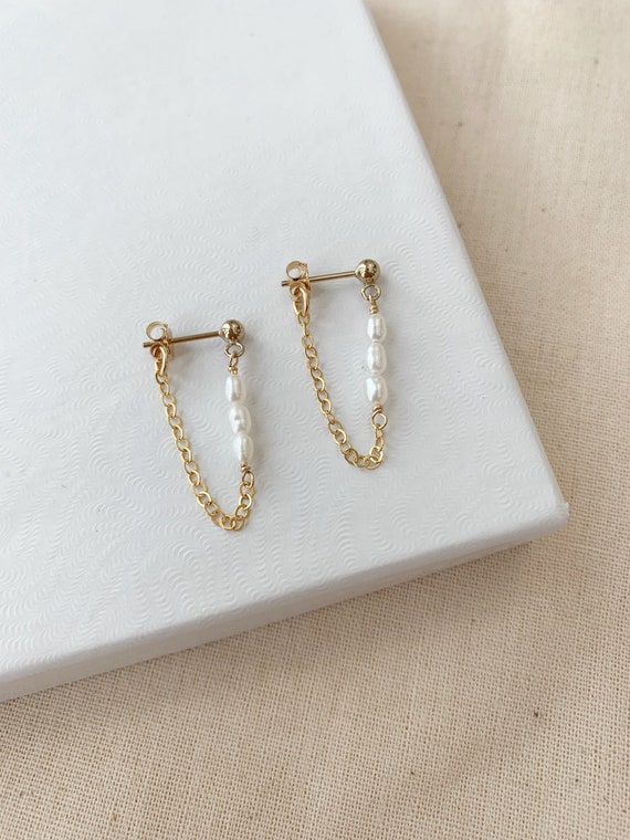 Pearl Chain Earrings 14K Gold Filled Tiny Pearl Earrings - Etsy