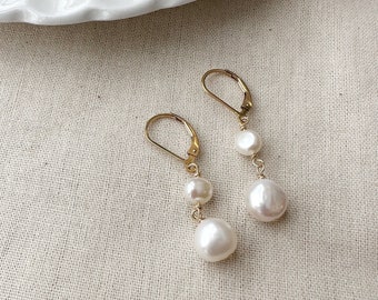 Baroque Pearl Earrings 14 K Gold Filled Freshwater Pearl Drop Earrings, Bridal Pearl Earrings, Double Pearl Dangly Earrings, Gifts for Her