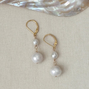 Double Pearl Drop Earrings 14 K Gold Filled Freshwater Pearl Earrings, Bridal Pearl Earrings, Dangly Baroque Pearl Earrings, Gifts for Her