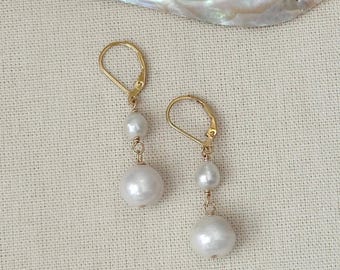 Double Pearl Drop Earrings 14 K Gold Filled Freshwater Pearl Earrings, Bridal Pearl Earrings, Dangly Baroque Pearl Earrings, Gifts for Her