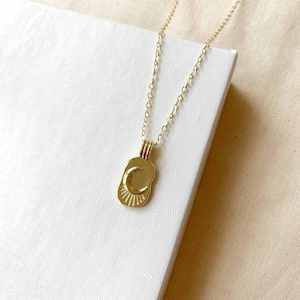 14K Gold Moon Pendant Necklace, Gold Filled Moon Necklace, Modern Necklace, Gold Tag Necklace, Celestial Necklace, Birthday Gifts for Her image 2