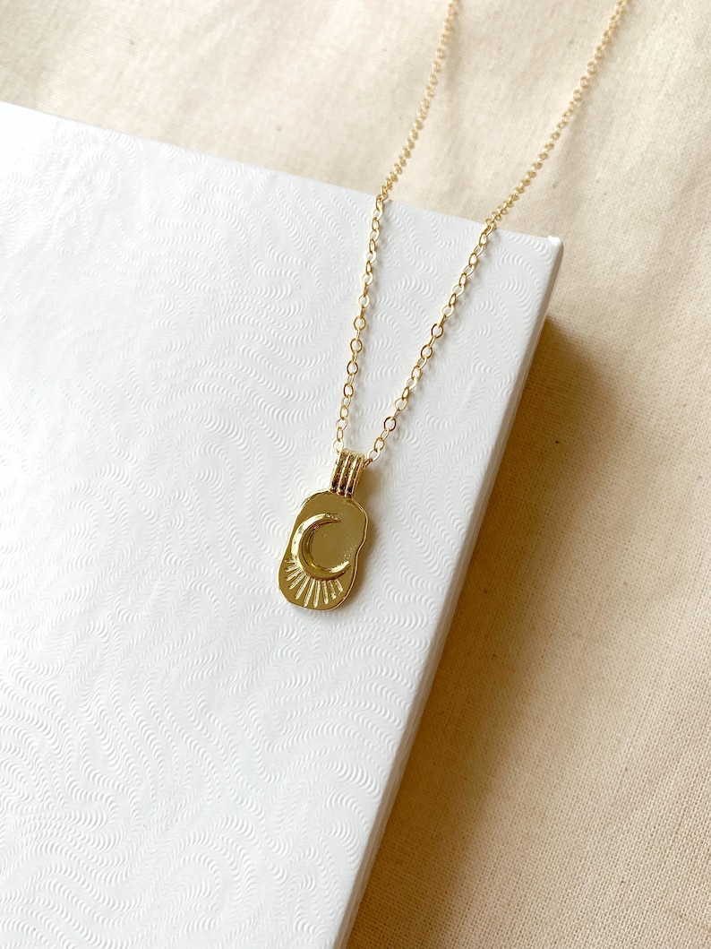 14K Gold Moon Pendant Necklace, Gold Filled Moon Necklace, Modern Necklace, Gold Tag Necklace, Celestial Necklace, Birthday Gifts for Her image 2
