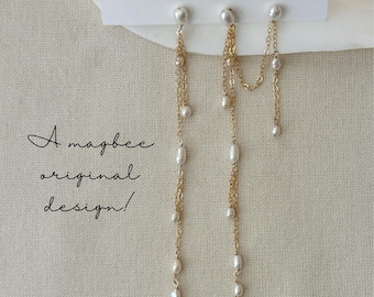 Lange Perlenkette Ohrringe, 14K Gold Filled Doppel-Piercing Ohrstecker, Süßwasserperle Hochzeitsschmuck, asymmetrische Ohrringe