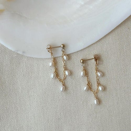 Delicate Pearl Chain Earrings, 14K Gold Filled Dangly Pearl Earrings, Elegant Seed Pearl Earrings, Bridal Pearl Earrings, Gifts for Women