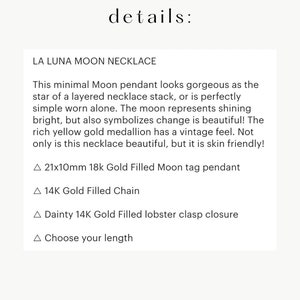 14K Gold Moon Pendant Necklace, Gold Filled Moon Necklace, Modern Necklace, Gold Tag Necklace, Celestial Necklace, Birthday Gifts for Her image 6