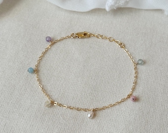 Dainty Gemstone Bracelet, 14K Gold Filled Multicolor Bracelet, Beaded Gemstone Bracelet, Ultra Delicate Chain Bracelet, Gifts for Friend